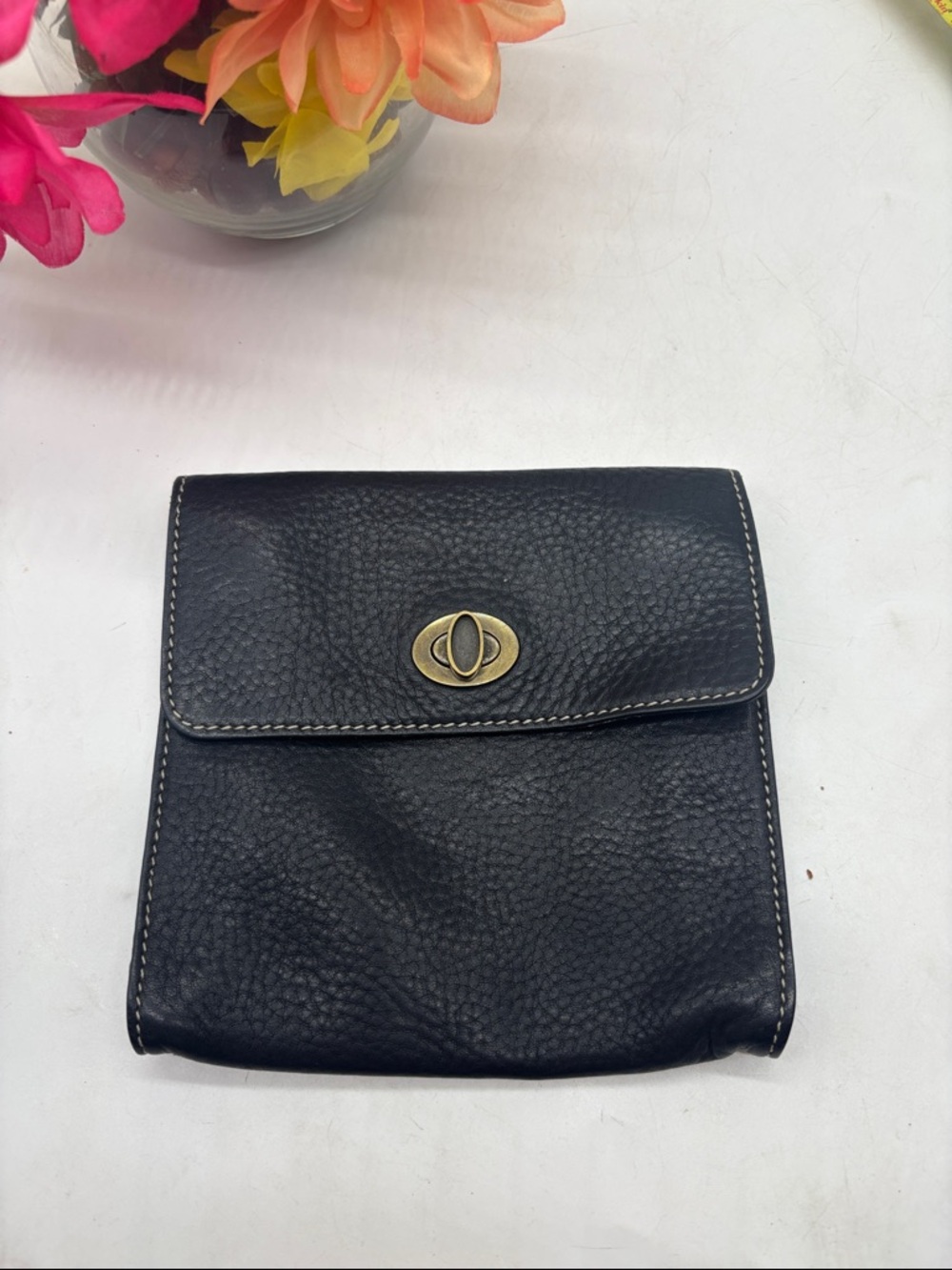 Levenger Black Pebbled Leather Clutch with Brass Turnlock